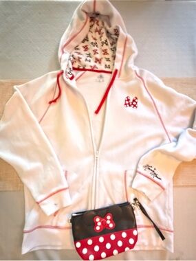 Disney White Hoodie with Red Trim and Polka Dot Bow Detail with Wristlet